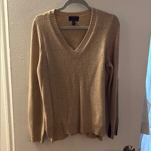 J. Crew Tan V-Neck Sweater Classic Knit Style with black leather sleeve patches.